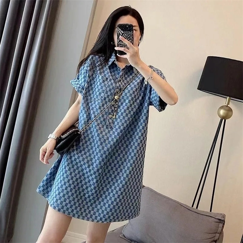 Bluedenim Checkered Dress Womens Summer 2024 Arrival Fashionable Stylish Age-Reducing Hong Kong Style Loose-Fit Skirt250723