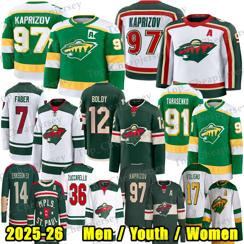 #97 Kirill Kaprizov mn 20th hockey jersey #7 Brock Faber Matt Boldy Mats Zuccarello Vladimir Tarasenko Spurgeon Ryan Hartman Marco Rossi Joel Erikss