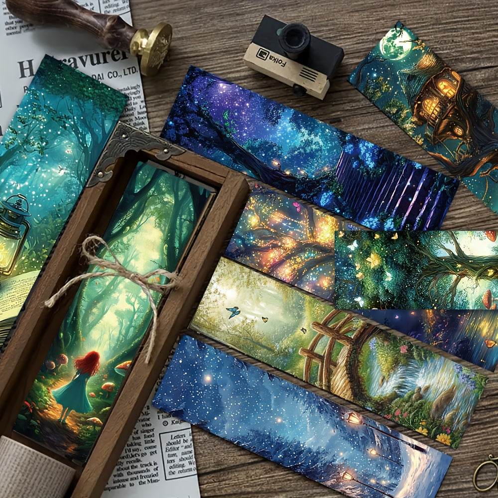 TEMU 30pcs Bookmarks - Vibrant Fantasy-themed Decorative Cards With Forest Scenes, Twinkling Lights & Whimsical Details For Books, Gift Cards &