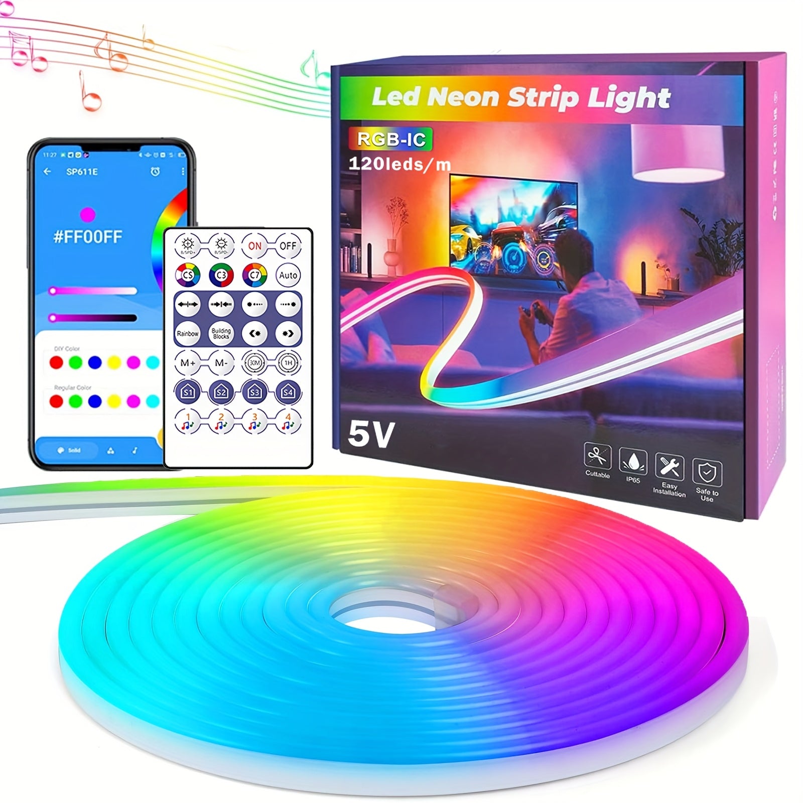 TEMU Rgbic Neon Rope Lights For Desks, 16.4ft Led Gaming Desk Lights, Neon Led Strip Lights With Music ,, Support Cutting, Smart App Control, Music