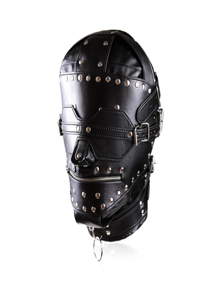 New Bondage Luxury Full Leather Bondage Hood Gimp Mask with Blindfold Locking Mouth Zip1209320