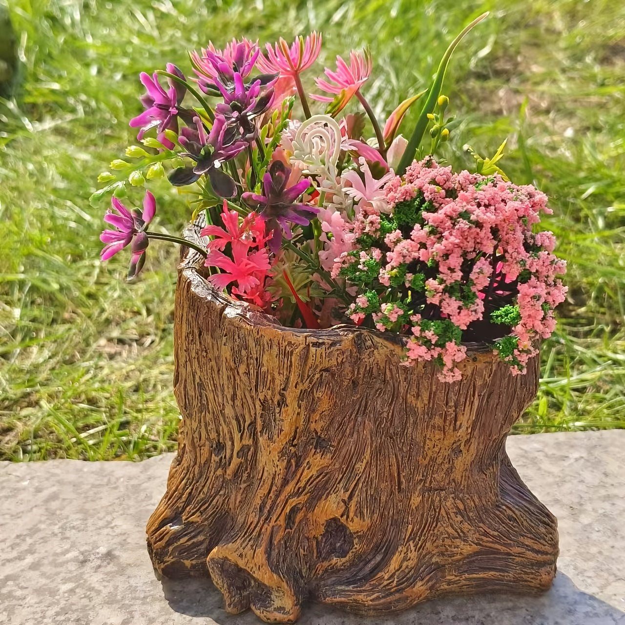 TEMU Natural Feel] Vintage-style Resin Stump Planter - Rustic Wood-look Garden Pot For Indoor-outdoor Use, Yard And Lawn Decor, Colorful Flower