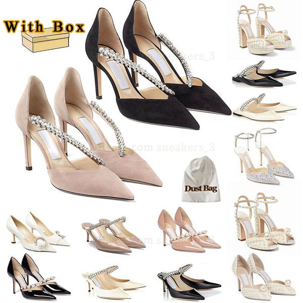 Luxury Designer Crystal Covered Suede Pumps Heels Womens Black Pink Beige White Leather High Heel Dress Shoes Wedding Slingback Loafer Sneak