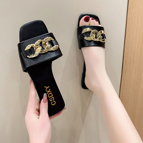 Chain New Women Summer Slippers Low Heel Womens Sandals Indoor Bathroom Outdoor Walk Fashion Show Plus Size 35-42 4d0b s
