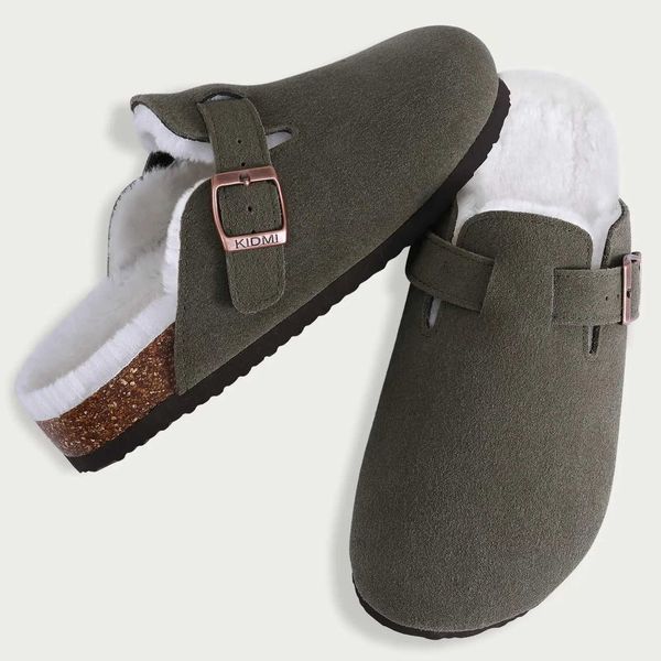 Slippers Comwarm Womens Fur Cork Suede Clogs Fuzzy Foot Mat Mule Mens Fashion Flat Slide Winter Potato Shoes H241007