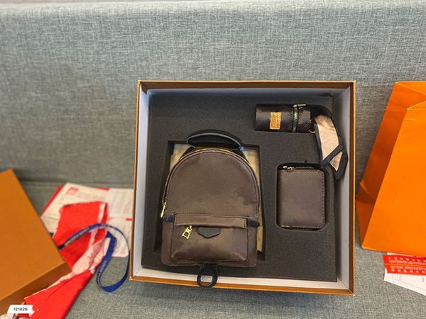 Leather Backpack Bag Womens Vintage retro Letter flower printing Backpacks Bags Fashion Casual Small Back pack Style 3-piece set for Gift se