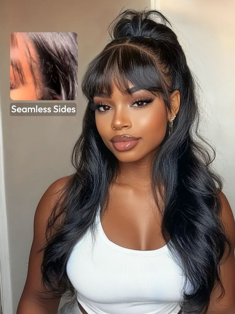 [20"=$129]13x4 Pre-Everythingâ¢ Lace Frontal Black Fluffy Natural Bouncy Loose Wave Curtain Bangs Wig