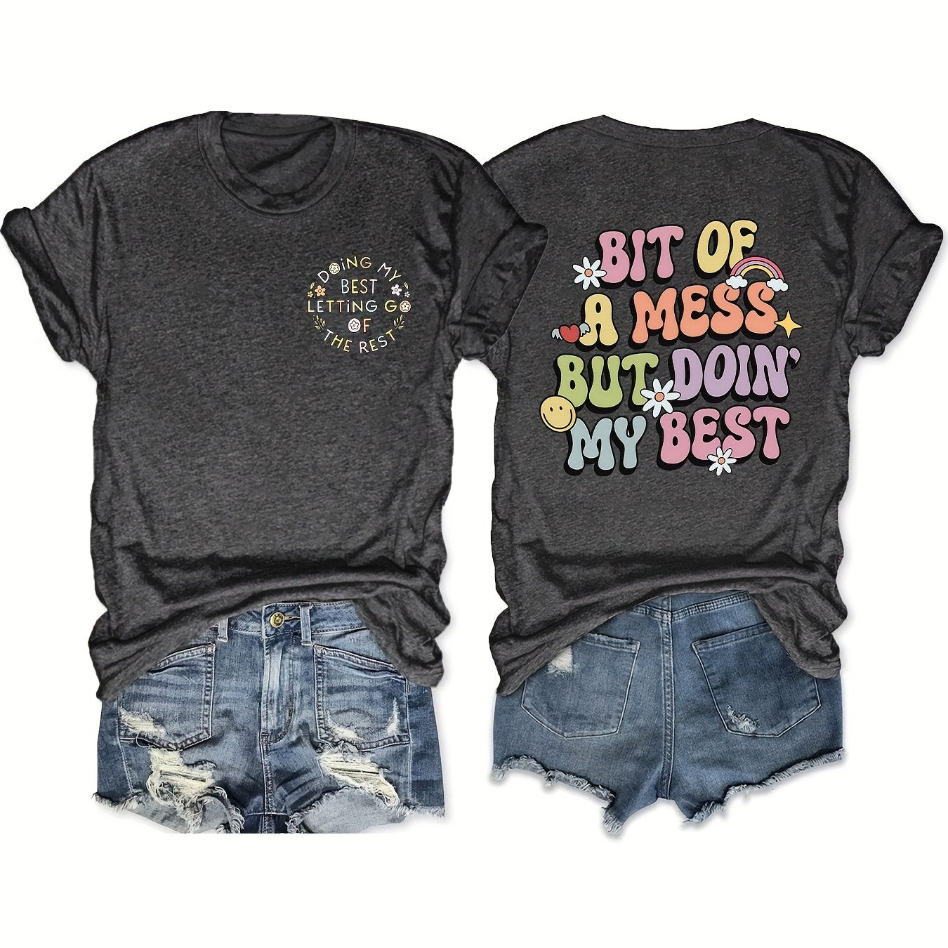 TEMU Women's Casual Short Sleeve T-shirt - "a Bit Of A Mess But ' " Slogan & Print, Gray, Relaxed Fit, Machine Washable, Ladies T Shirts, Weekend