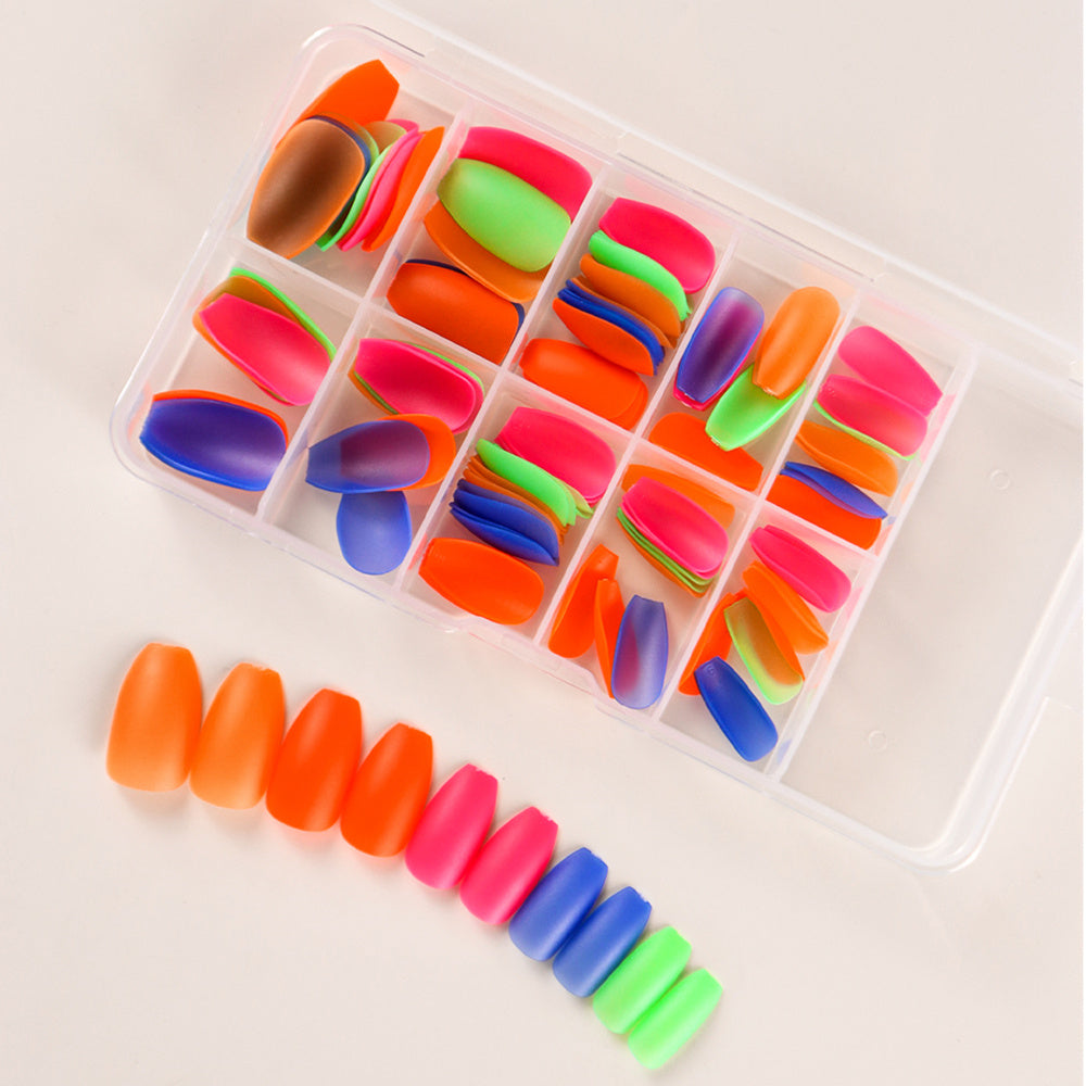 TEMU 120pcs Fluorescence Fake Nails Full Cover Summer Neon Colors Short Coffin Glue On Nails Solid Colors For Nail Art Diy Manicure Glow In The Dark