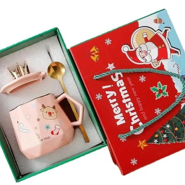 Christmas Cup Ceramic Cup Water Juice Coffee Milk Cup Santa Claus Elk Cup Cap and Spoon Cup Creative Christmas Gift Decoration 241111