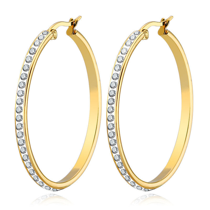 18K Real Gold Plated Stainless Steel Big Hoop Earrings for Women Austrian Crystal Large Round Circle Hoops Earring Clip On Earrings Jewelry Gift 2MM