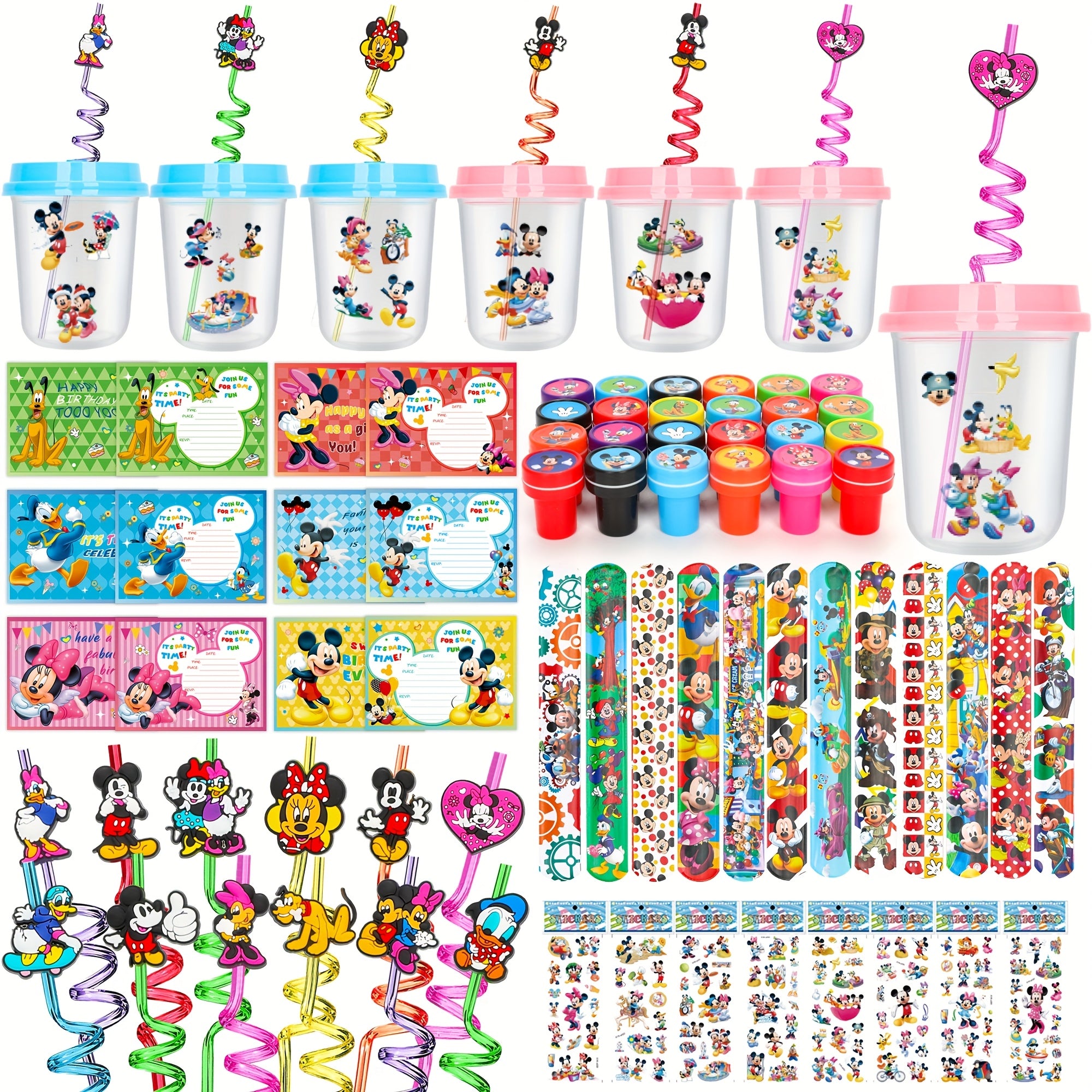TEMU Mouse Themed Birthday Party Favors For Kids, Mouse Party Gift Set Including 24 Milk Tea Cup, 24 Straws, 24 Slap Bracelets, 24 Stamps, 24 Cards,