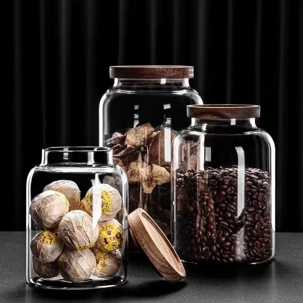 1200-3000ml large capacity glass sealed jar lid sealed storage wooden lid coffee bean storage jar organizer kitchen container 240927