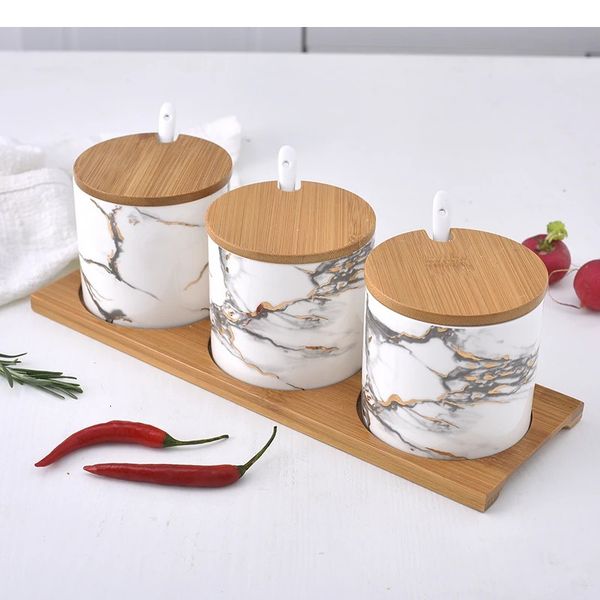 Ceramic seasoning jar 3pieceset and tray spice rack salt pepper kitchen tools keuken hulpjes cooking 241121