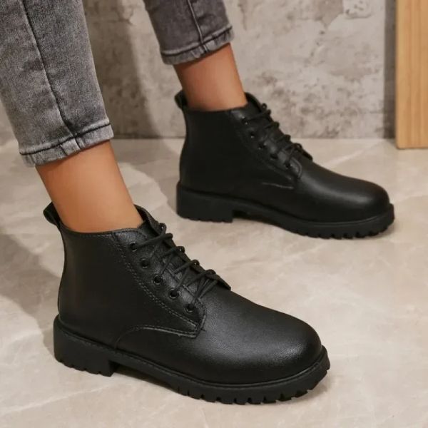Oxford Solid Black Woman Work Leather Wedge Flats Female Casual Lace Up Spring Shoes Women&#039;s Kitchen Non-slip Loafers e2ee