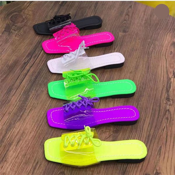 candy fluorescent color flat lace up pvc flip ps 2023 summer 41-43 plus size beach slippers women sandalias