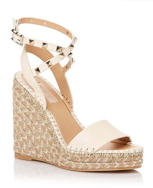 Wedge Sandal with spiked High heels Girls sandal 105mm heel denim espadrille wedges calfskin leather Caged Wedges woman walking designers sa