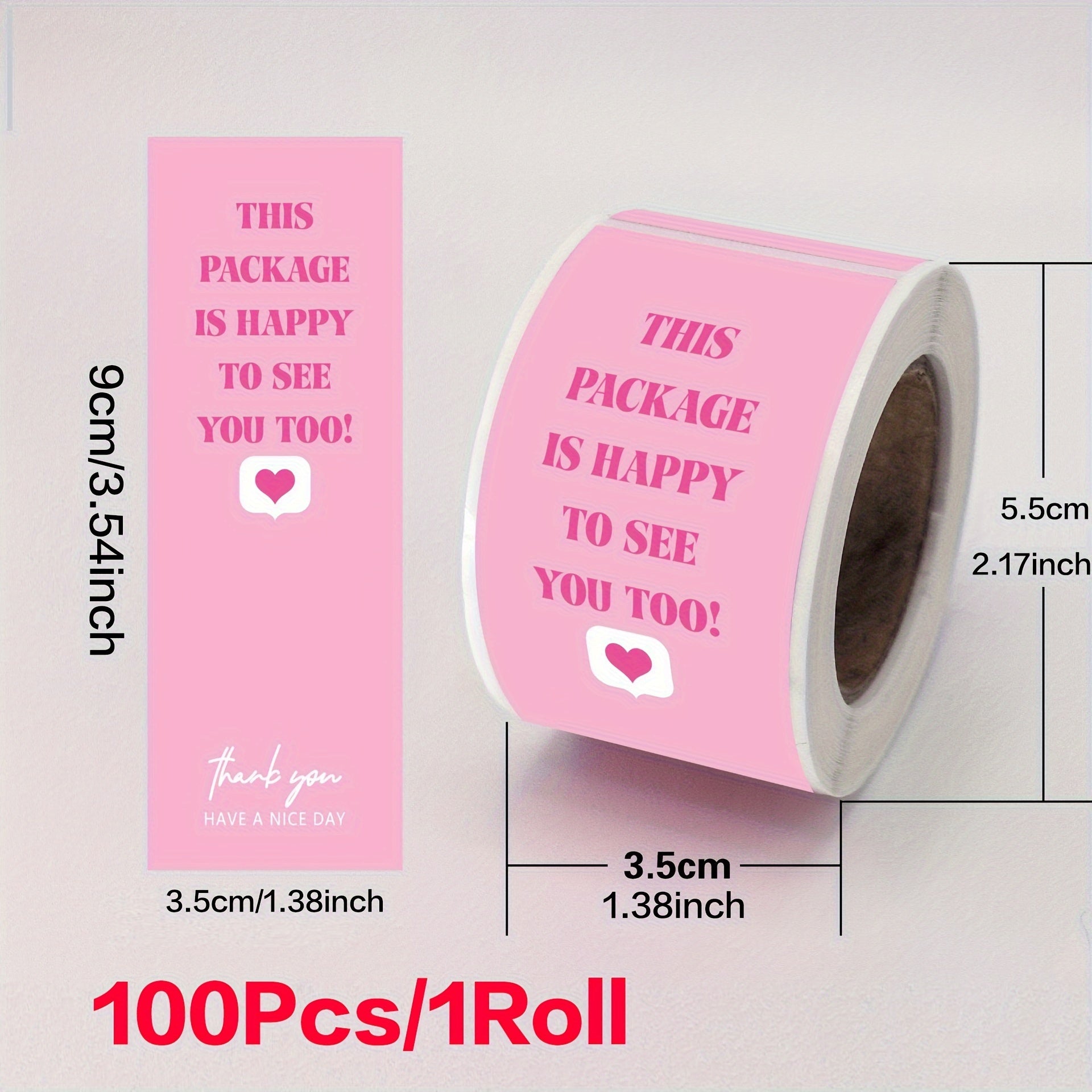 TEMU 100pcs Pink Glossy Paper Stickers, Oblong Shape, Single Use, Heart & Message Design, Ideal For Gift Wrapping & Office Packaging Seals
