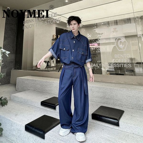 NOYMEI Denim Set Mens Pockets Single Breasted Turndown Collar Shirt Straight Wide Leg Jean Casual Solid Color Summer WA4566 240702