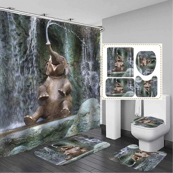 Animal Elephant Playing with Water Shower Curtain Set 3D Print Bathroom Bath Mat Floor Toilet Rug Home Decor Y240815