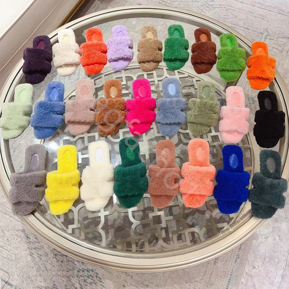 Designer Women Wool Slippers Flat Sheepskin Slides Warm Fluffy Furry Sandal Comfortable Autumn Winter Home Sandals Furs Slipper Black brand shoes si