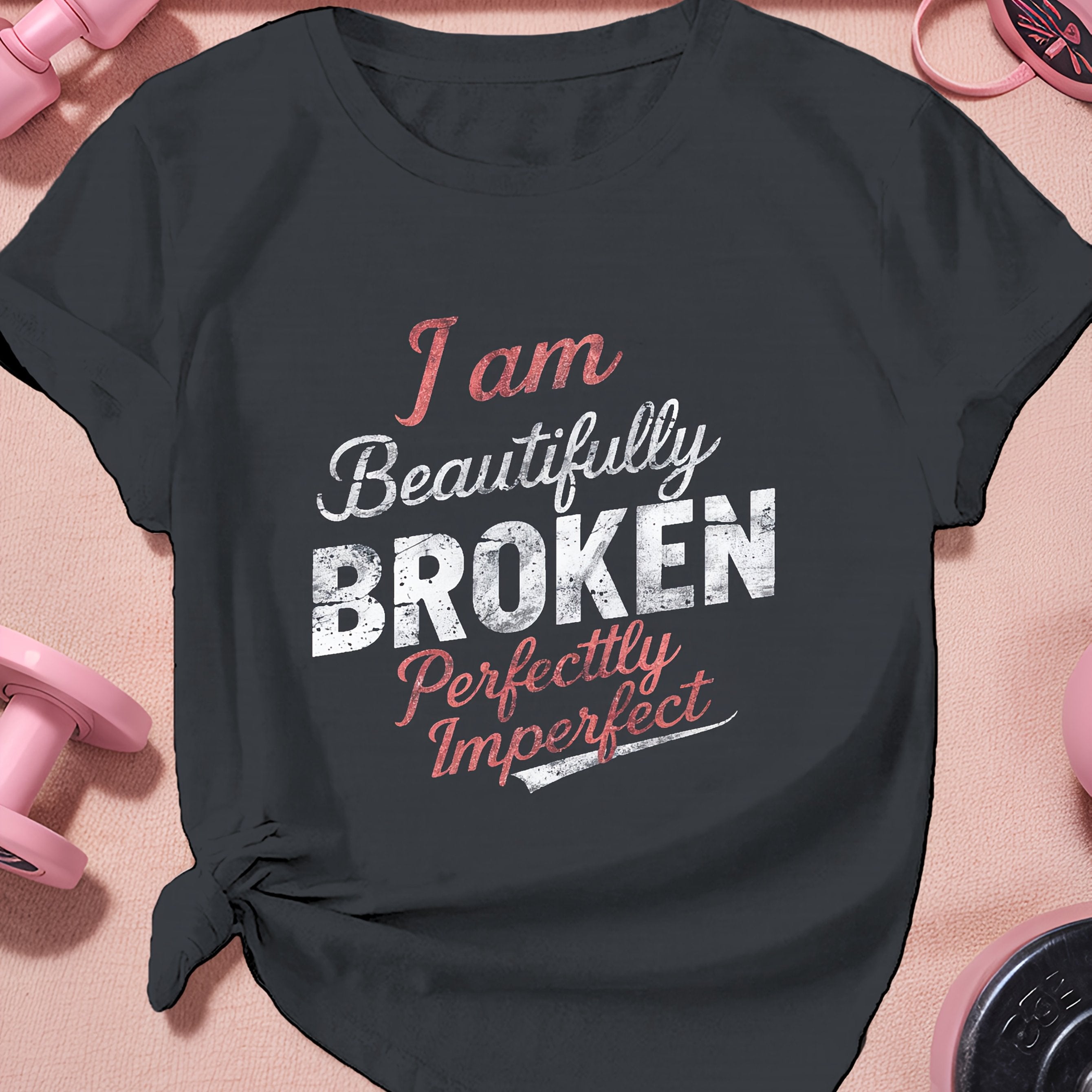 TEMU Plus Size "i Am , Perfectly " Women's T-shirt - Casual & Sporty, Short Sleeve, Round Neck, Polyester, Machine Washable, Black With Text