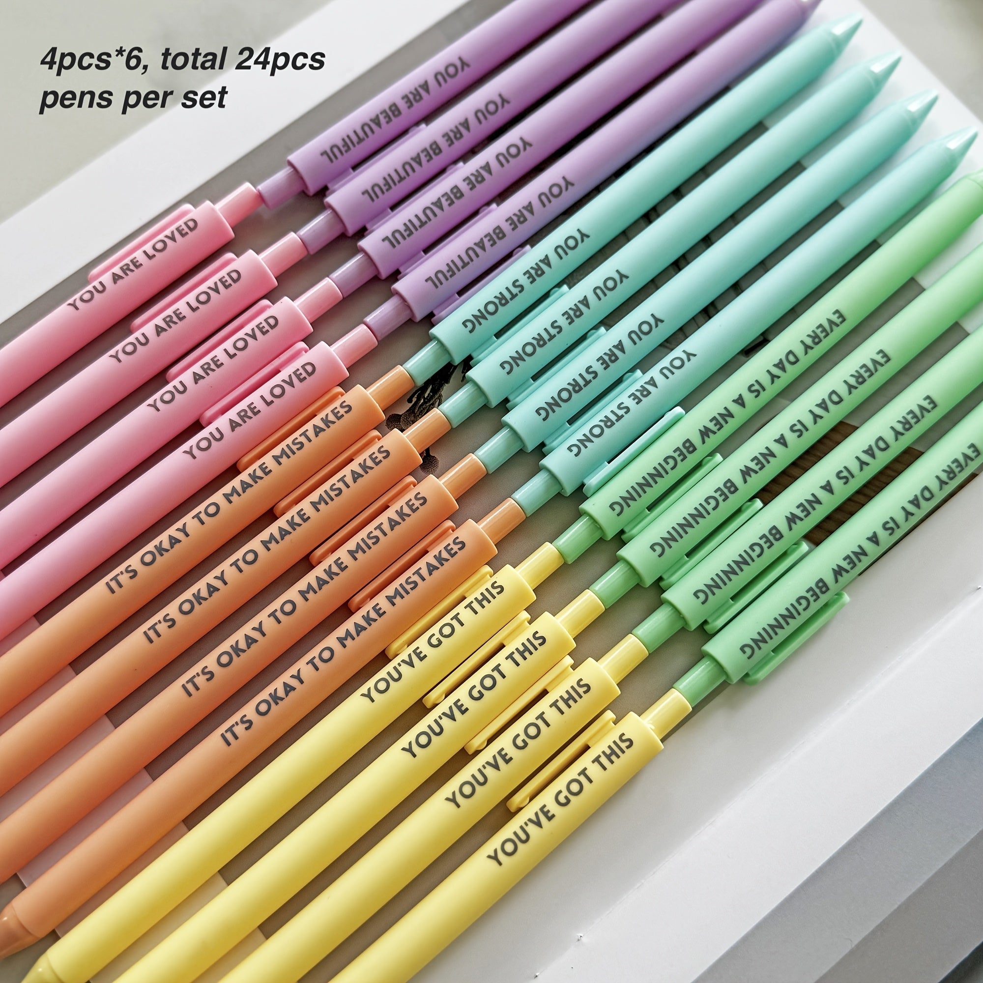 TEMU 24pcs Pastel Motivational Set - Retractable Happy Positive Pens, Black Ink, , Rubber Finish Ball Pens - Colorful & Cute Pens For Journaling,