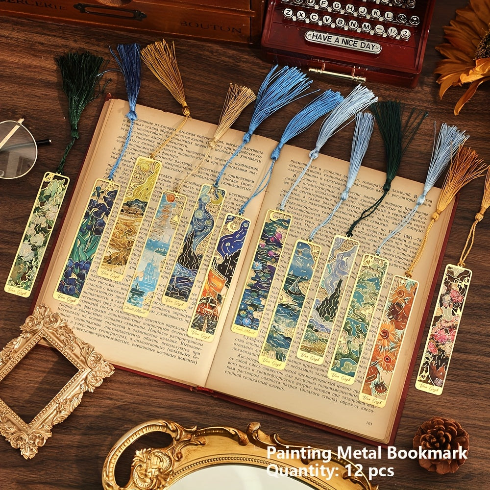 TEMU 12 Pack Metal Bookmarks - Elegant Hollow Van Painting Design With Tassel, Vintage Book Markers For Book Lovers, Writers, Teachers & Students