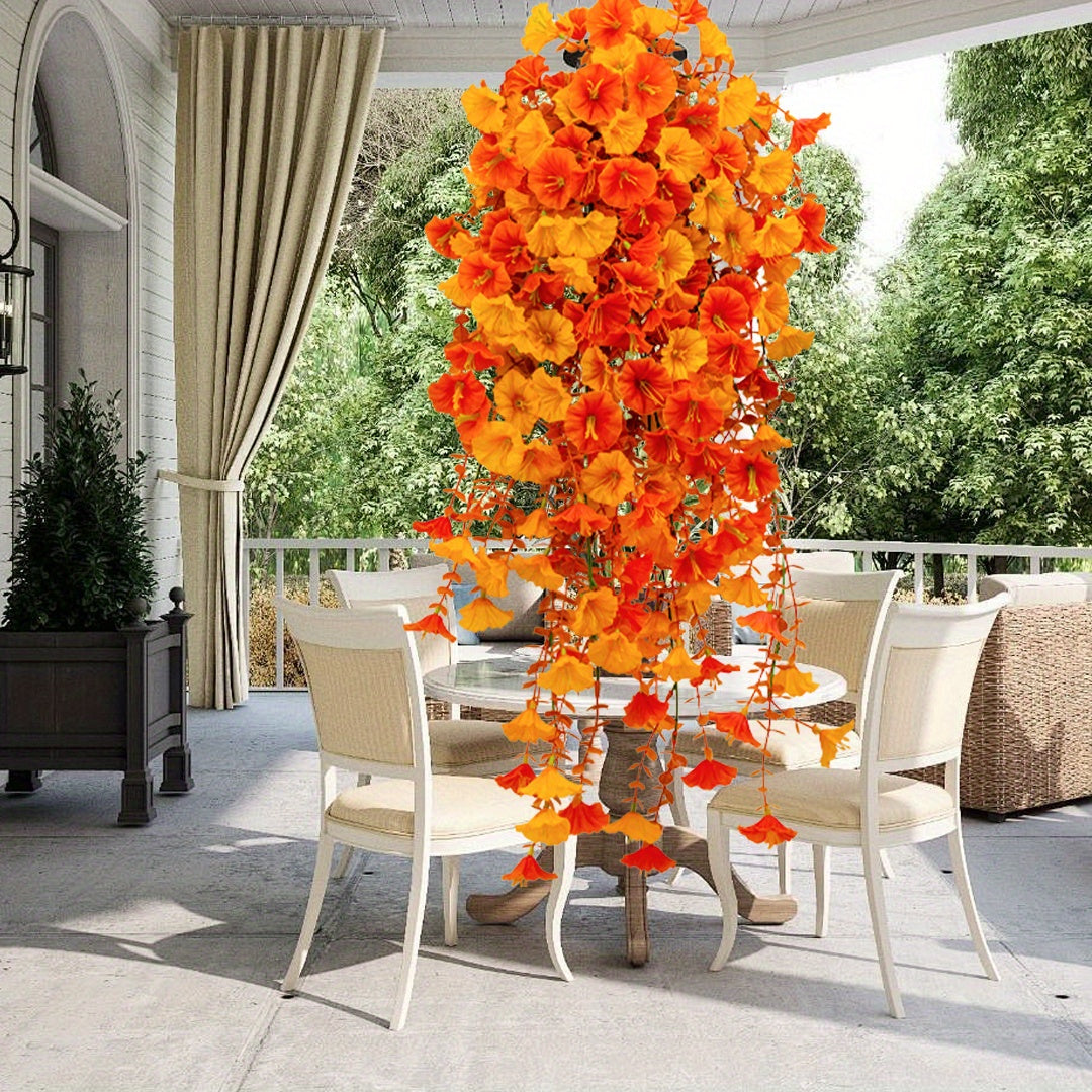 TEMU 4 Bunches Artificial Fall Vines, Hanging Flowers In Orange For Outdoor Use, Uv Resistant Fake Plants For Porch, Balcony, Yard, Planters, Patio,