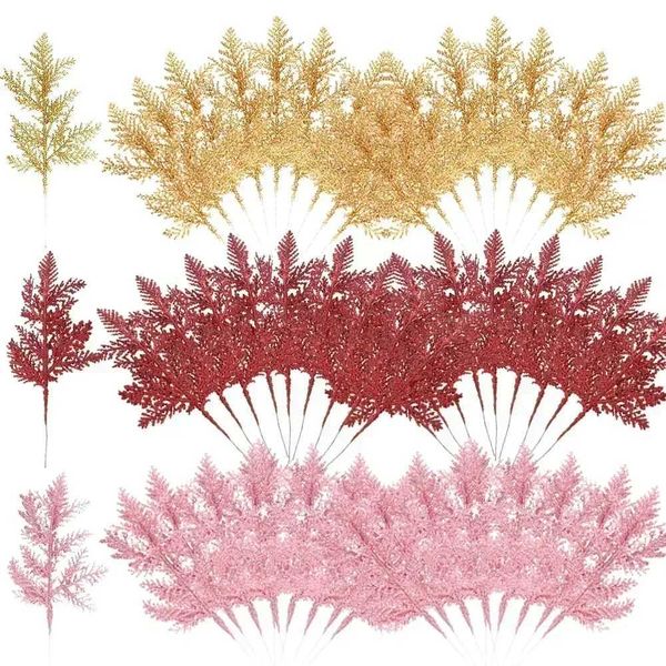 5Pcs Christmas Artificial Pine Leaves Branches Gold Simulated Plants Glitter Garland Xmas Tree Ornament Home New Year Decoration Y240808