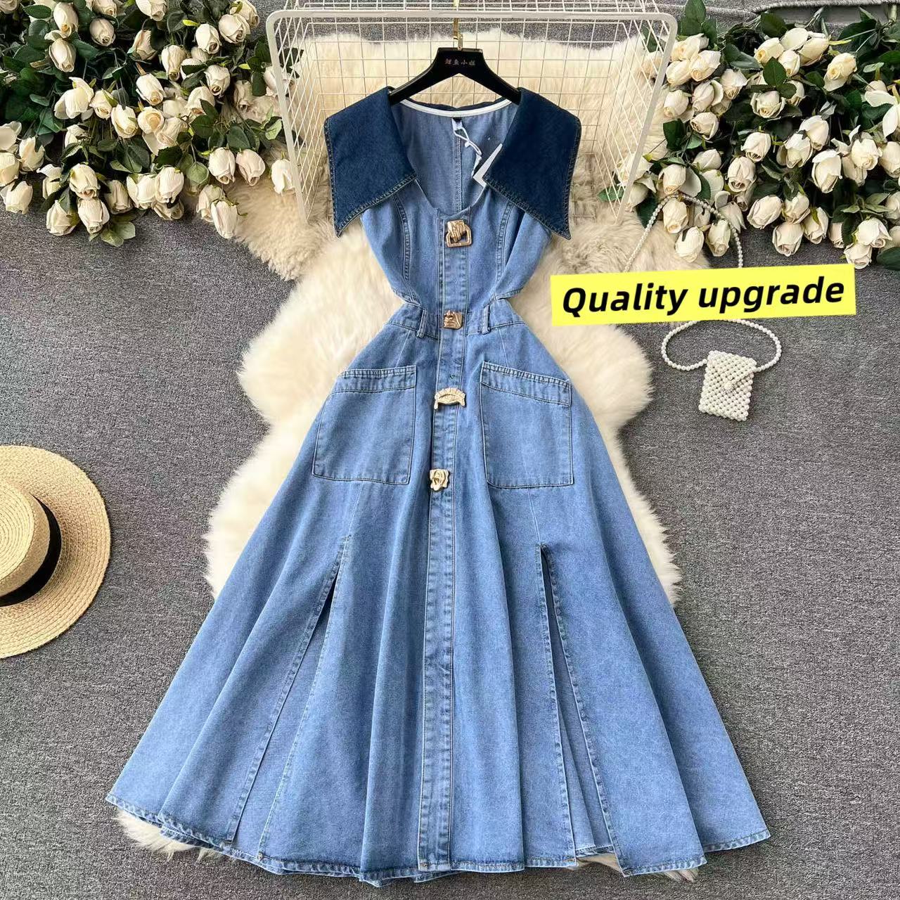 2025 summer new exposed waist high waist slimming v-neck denim dress long skirt sleeveless big swing split mid-length skirt