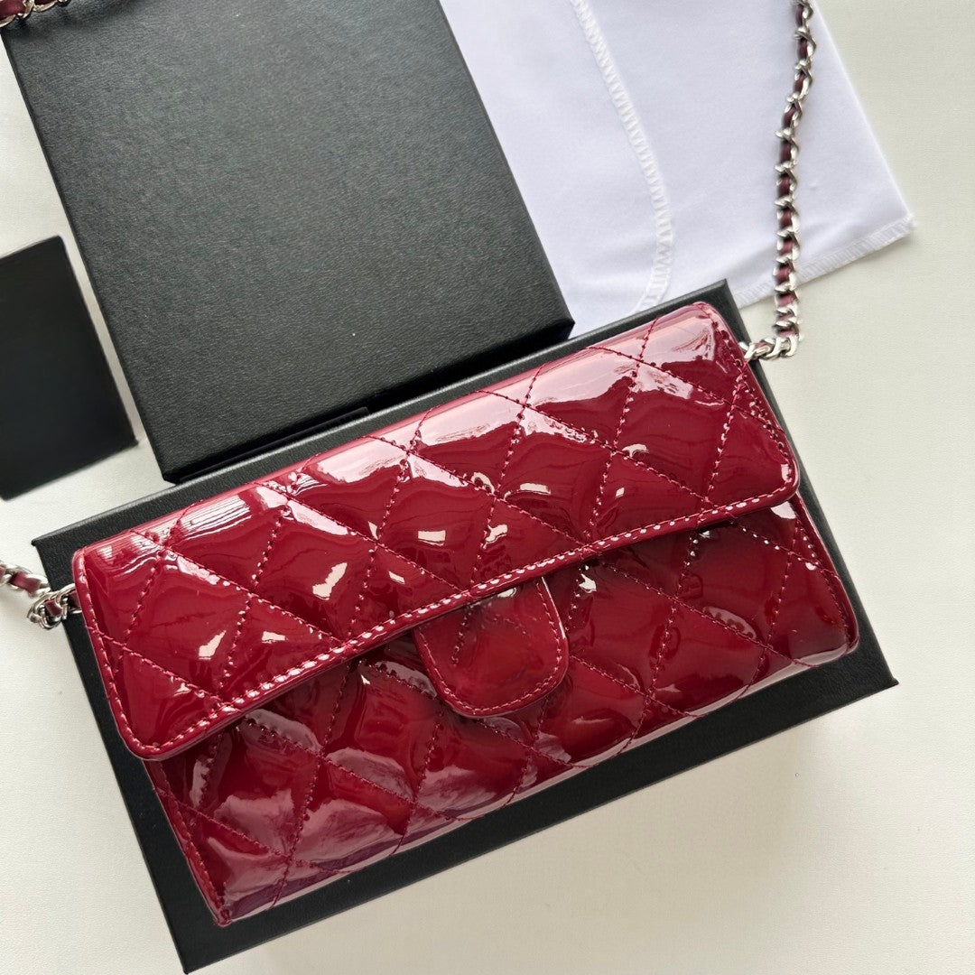 Real Patent Leather Wallets With Chain Belt Clutch Bags Women Designer Evening Party Bag Classic Plaid Crossbody Small Shoulder Bag Fashion Purses A