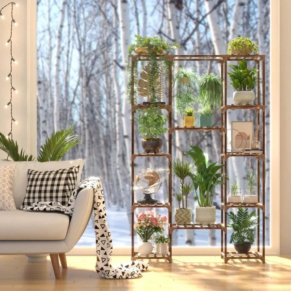 Cfmour Wood Plant Stand Indoor Outdoor, 62.2&quot; Tall Flower Shelf Tiered Plant Stands for Multiple Plants