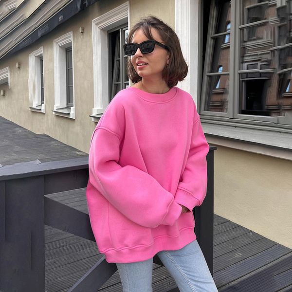 Round Neck Loose Fit Women&#039;s Autumn And Winter Street Solid Color Oversize Fleece Pullover Hoodie