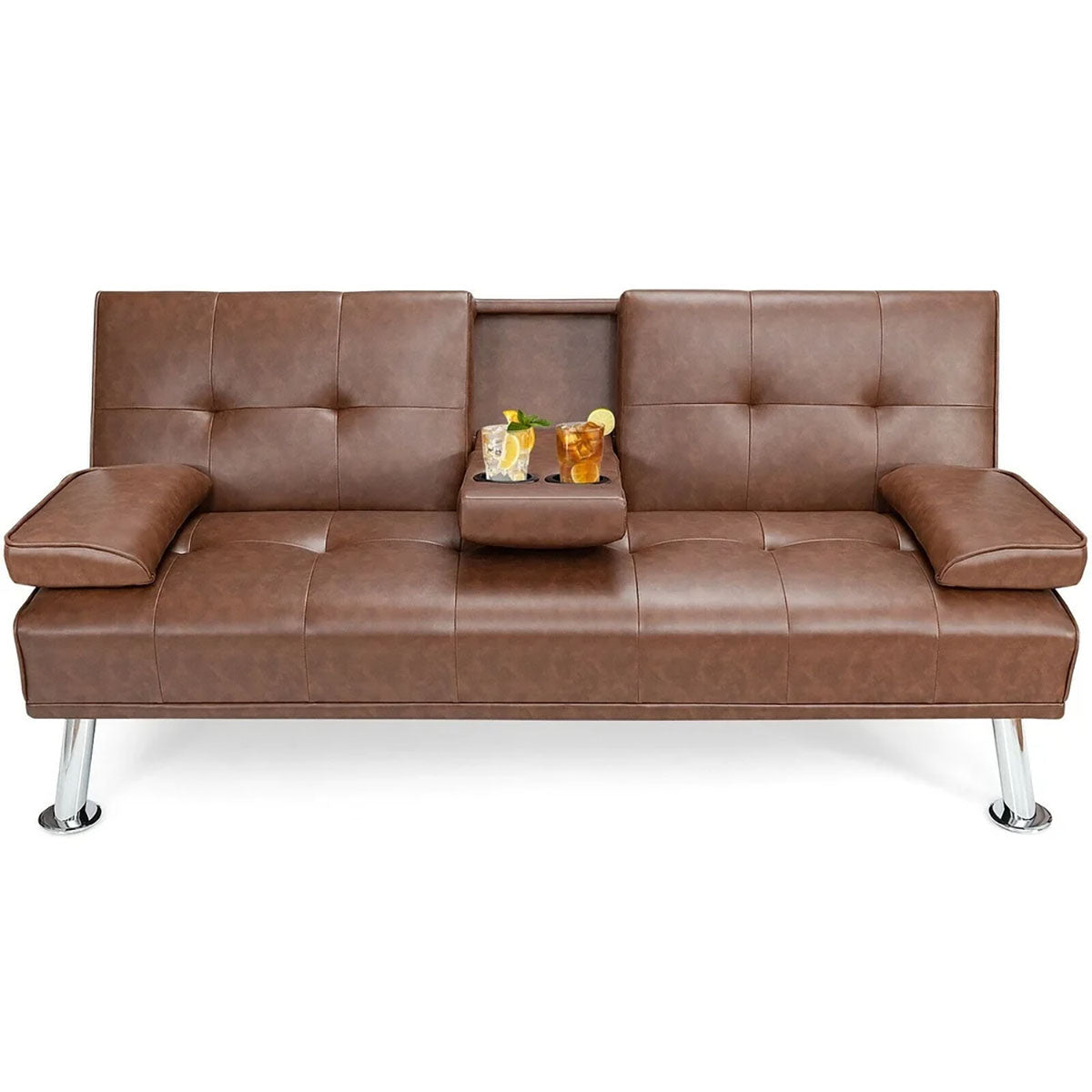 Convertible Folding Leather Futon Sofa with Cup Holders and Armrests - Sofa Bed CF