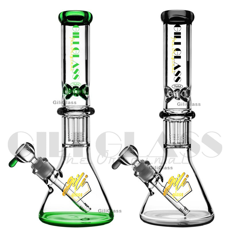 7MM thick glass beaker bong 15&quot; tall 8 arms tree perc bowls hookah water pipes oil rig 14.4mm heady bongs smoking pipe bubbler