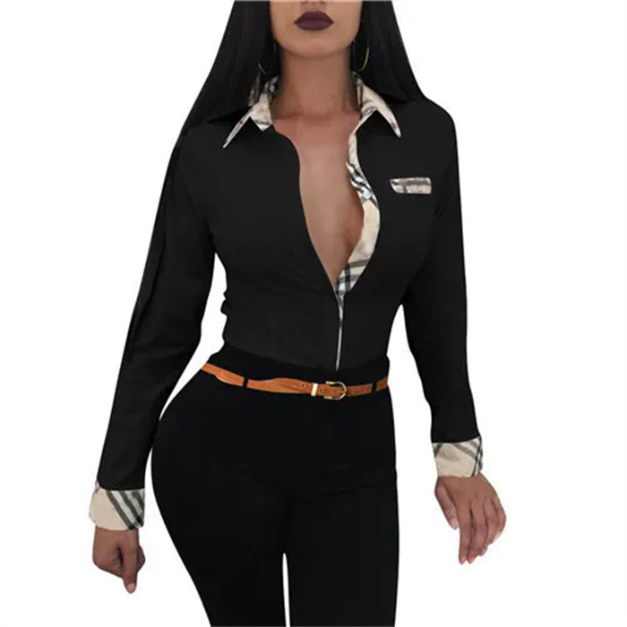 Women&#039;s Blouses & Shirts Spring Autumn Solid Shirt 2024 Femme Plaid Trim Buttoned Up Casual Long Sleeve Blouse Office Ladies Elegant Outfits