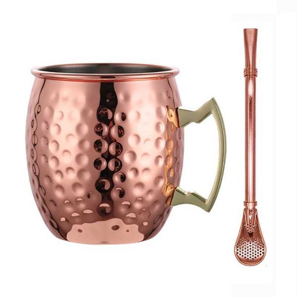1Pc Moscow Mule Mug 18OZ Stainless Steel Mug Beer Tumbler Cocktail Cup Iced Coffee Cup Copper Plated Drinking Cup Mug with StrawM240803