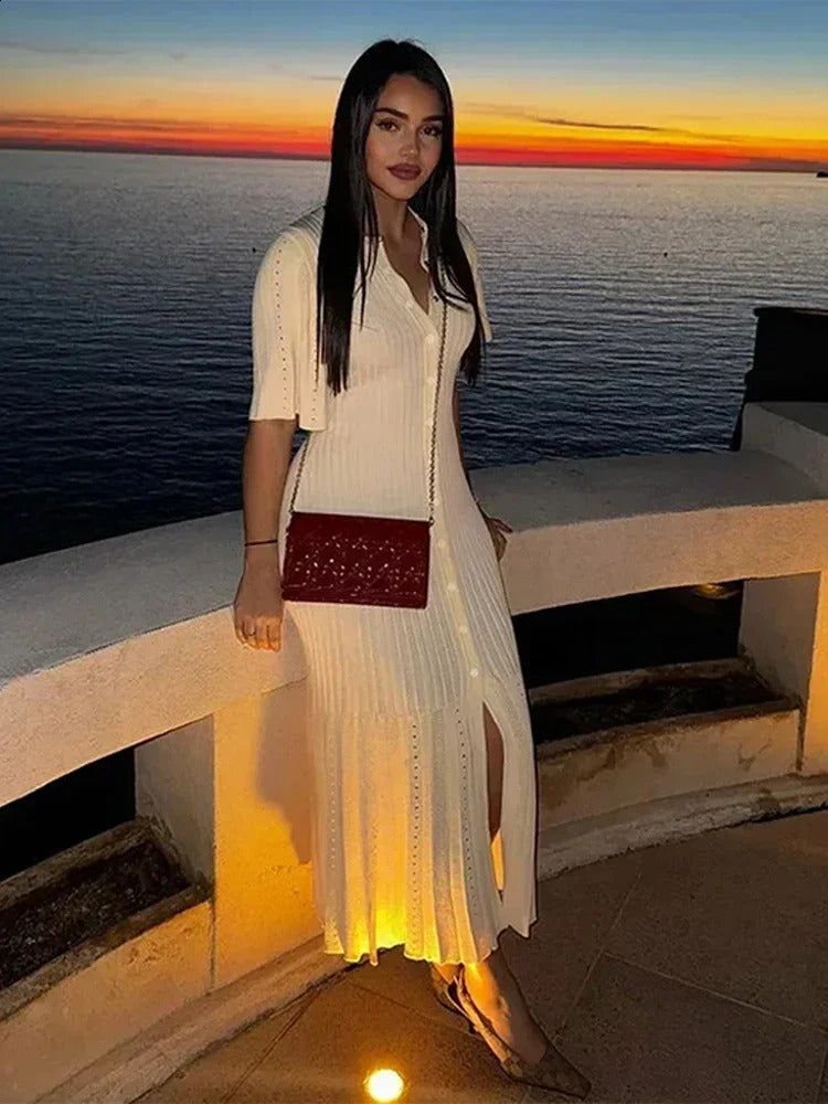 Lanjia- Chic Patchwork Knitted Maxi Dress For Women Elegant Short Sleeve Hollow Out Ribbed Long Dresses O-Neck High Waist Lady Knitwear 240828 B2306