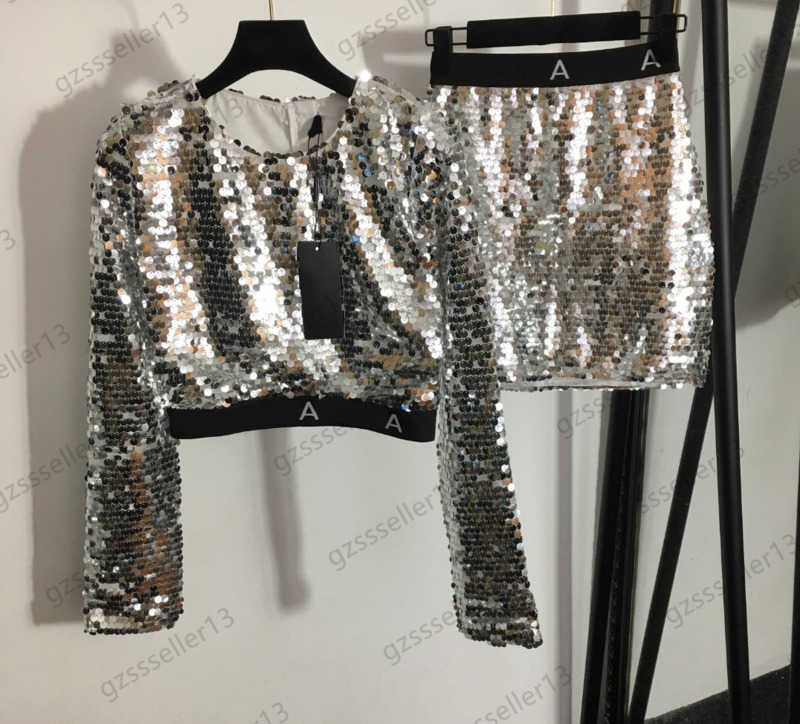Luxury Womens Two Pieces Dress Shiny Blingbling Heavy Sequined Round Neck Pullover Tops Letter Printed Webbing High Waist Suits Skirts Fashion Women