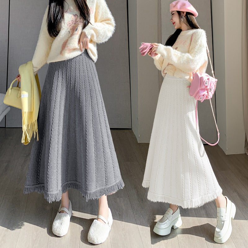 Twist knitted skirt women&#039;s autumn and winter new Korean version fringed A-shaped skirt big swing skirt high waist umbrella skirt