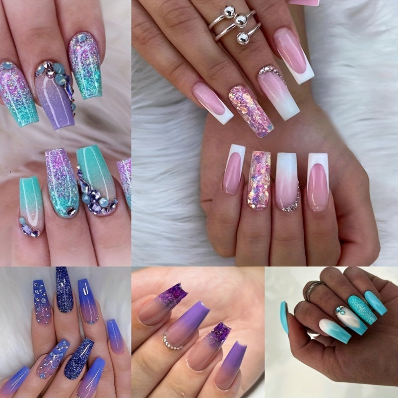 TEMU 5 Pack Medium Coffin Press On Nails Blue Purple Green Pink Gradient Fake Nails, Glossy Glue On Nails, Glitter Artificial False Nails With Double