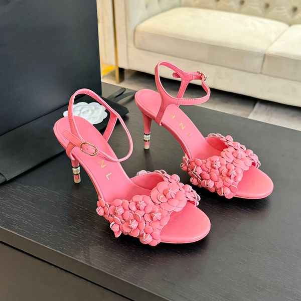 Women Designer Sandals Camellia Sheepskin Lined High-Heeled Sandals Party Dress Shoes Wedding Shoes Size 40 41)