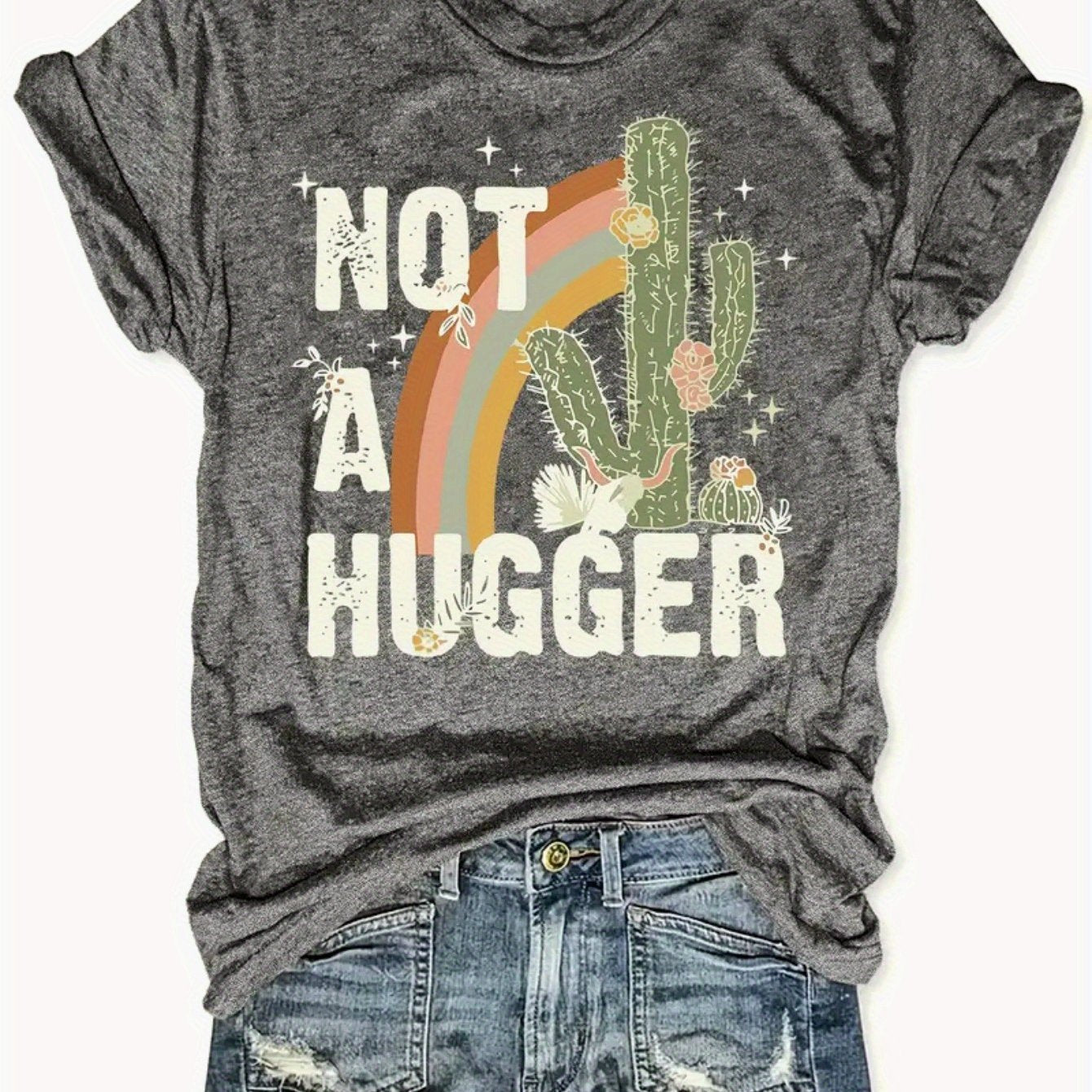 TEMU Women's "" Cactus Graphic Crew Neck T-shirt - Whimsical Rainbow & , Lightweight Breathable Short Sleeve Top For Casual Wear, Wear, Design,