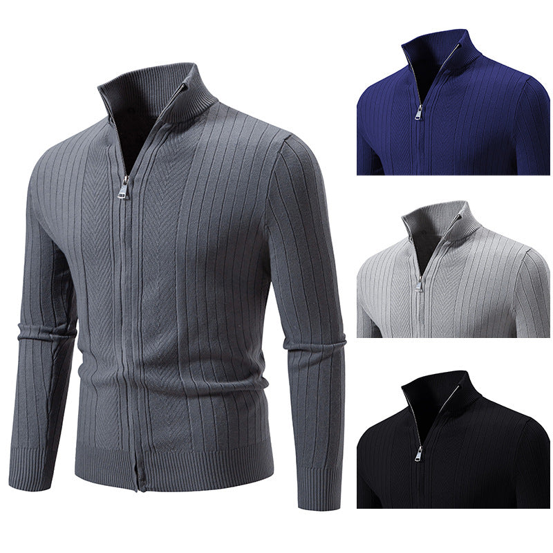 Casual Larger Fit Men&#039;s Woolen Argyle Cardigan - Stylish Stand-Up Collar Knitting for Cold Seasons