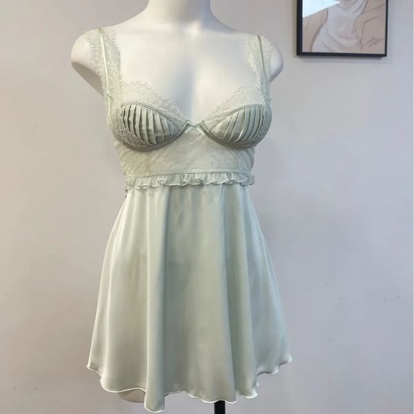 Beauty Back Nightdress Womens Sleepwear Pleated Lace Nightgowns with Chest Pad Silk Suspender Sleep Dress Night Wears for Ladies 241216