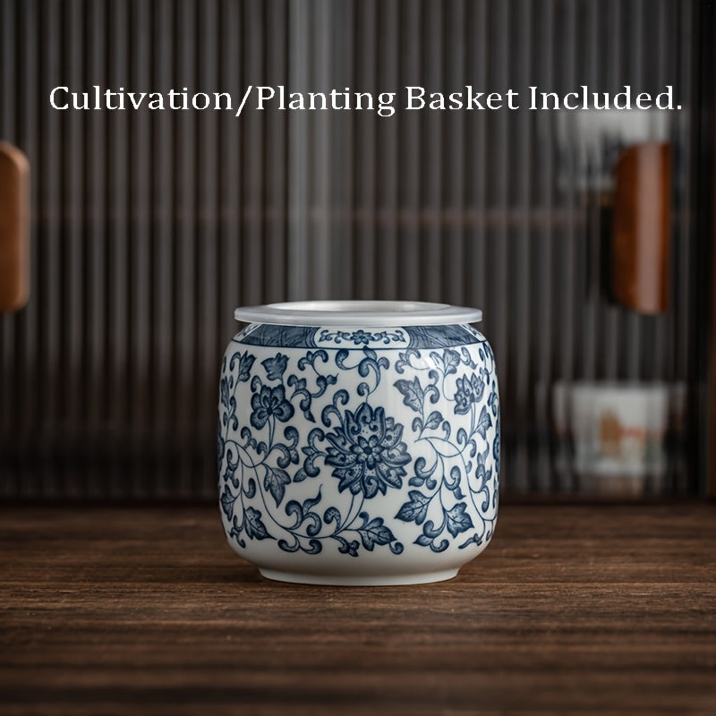 TEMU Porcelain Blue And White Green Plant Hydroponic Pot With Basket, Pothos Money Vase Desktop Decoration For Living Room, Study, Indoor Or Outdoor