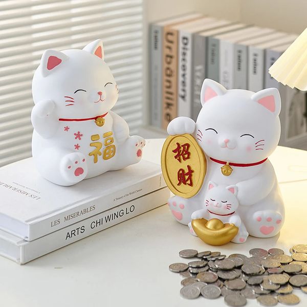 Home Decor Folk Art Cute Maneki Neko Sculpture and Figurines Lucky Cat Piggy Bank Living Room Desk Ornament Accessories 240129