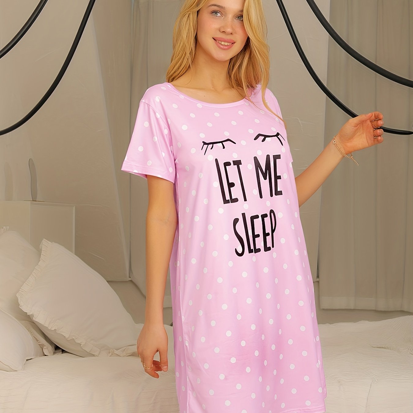 TEMU Women's Summer Sleep Dress - Fiber Fabric Cute Cartoon " Sleep" Print Short Sleeve Nightgown, Lightweight Breathable Round Neck Lounge Dress For