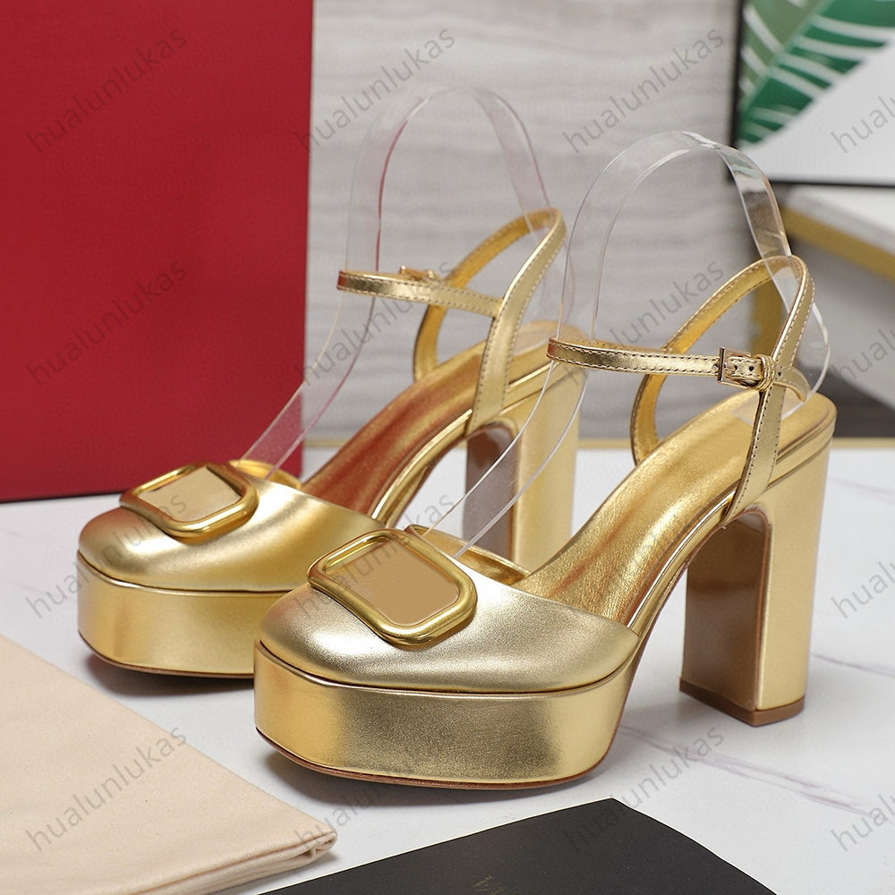 Plateau Metallic Platform Dress shoes sandals chunky block high heels Ankle plaque strap heeled Pumps women luxury designer shoes women factory foot